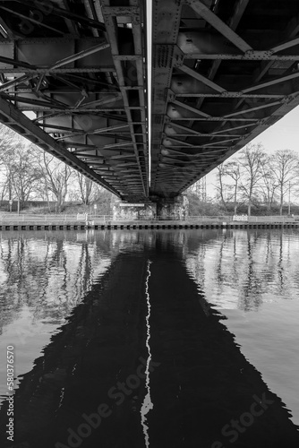 Underside of railroad bridge over a canal in Oberhausen, Germany