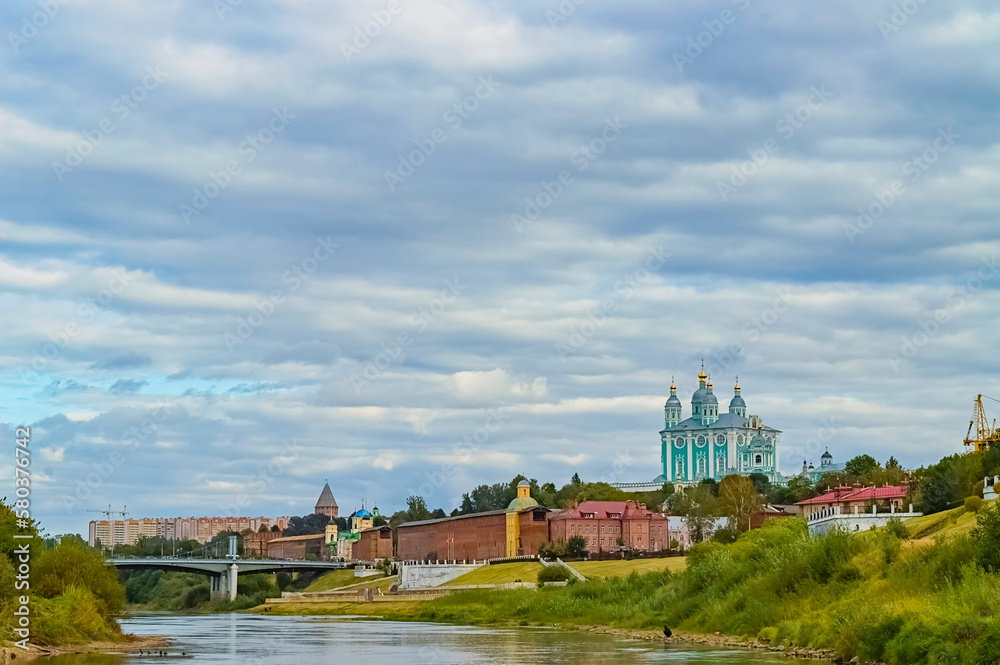 Panorama of the city of Smolensk. Smolensky Cathedral, river, bridge and fortress wall