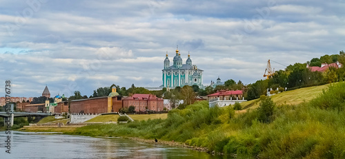 Panorama of the city of Smolensk. Smolensky Cathedral, river, bridge and fortress wall