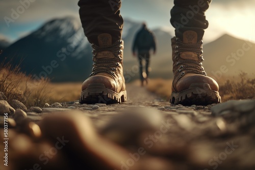 Shoes of a hiker walking down a road in nature. Cinematic Look. Generative AI.
