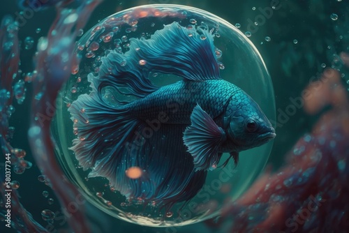 Bubbles and copy space may be seen on the blue betta fish. Generative AI