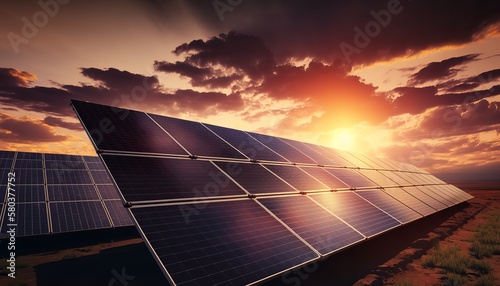 ﻿Dramatic sunset sky background with photovoltaic modules from a solar power plant, a clean alternative power energy conceptAI generation photo