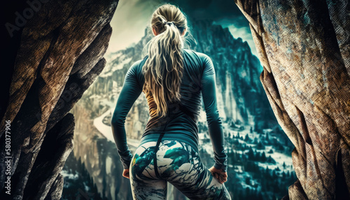 Female climber prepares to climb created with generative AI technology