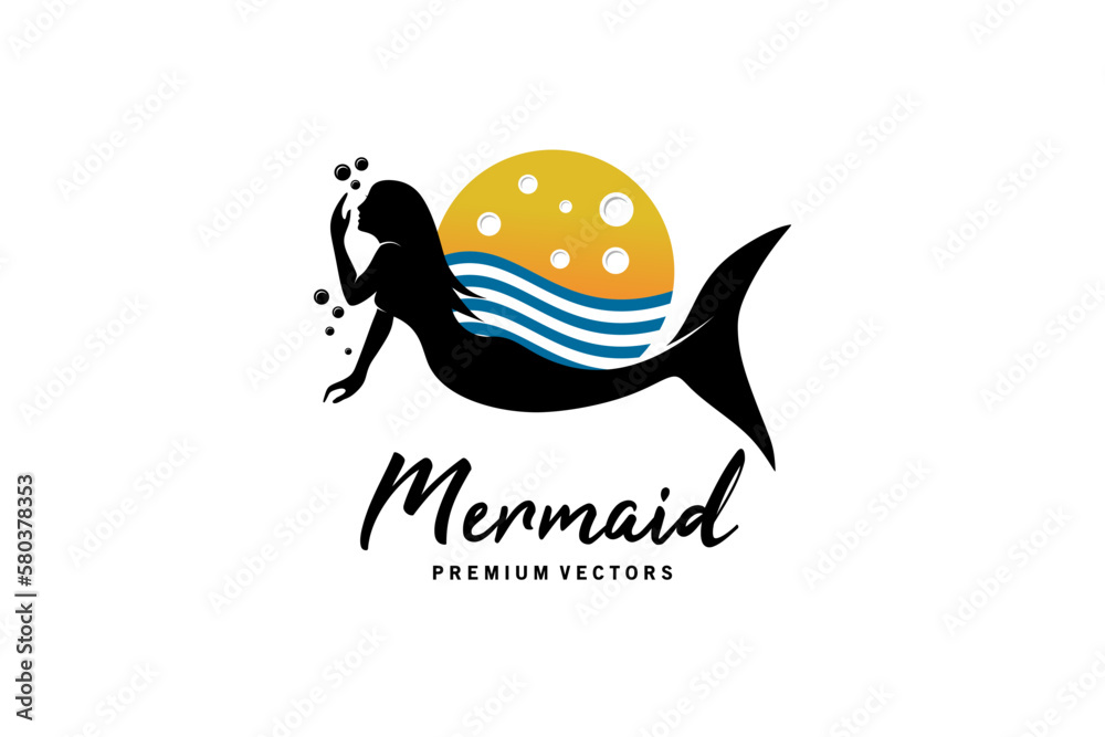 Mermaid logo design, beautiful fish woman silhouette against ocean background Mermaid logo design, beautiful fish woman silhouette against ocean background