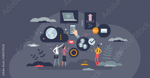 Social media and digital communication applications tiny person concept. Website for multimedia sharing, posting, like or comment activities vector illustration. Global blog, contact or chat network.
