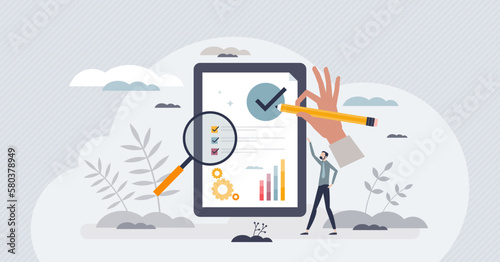 SEO checklist work or search engine optimization management tiny person concept. Effective website content marketing tool vector illustration. Web project analytics with report information diagrams.