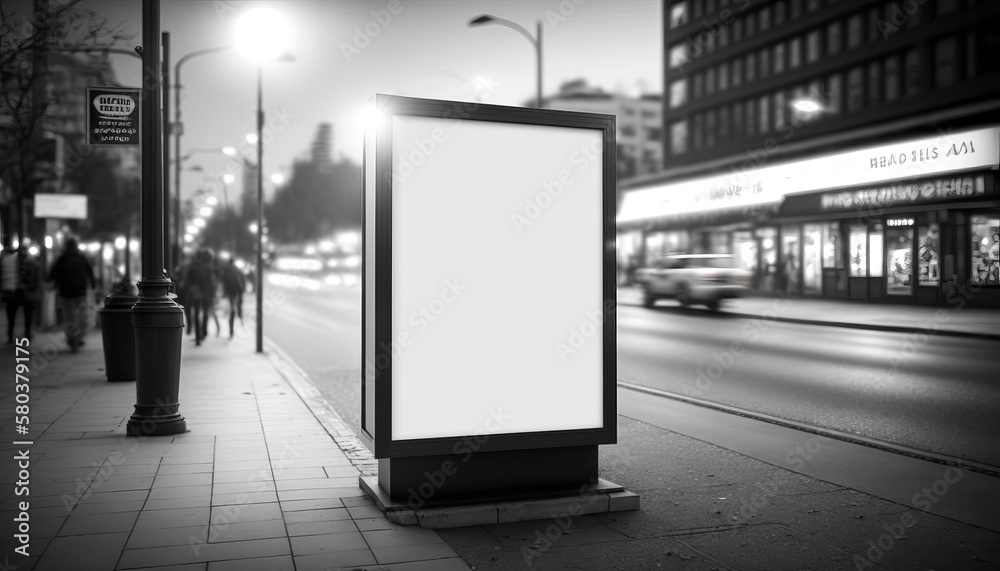 ﻿Mockup of a lightbox with a white poster, on a blurred urban backdrop