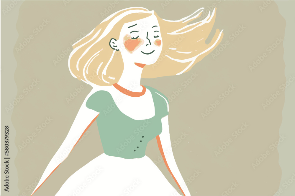 Happy woman. Young lady laughing. Cheerful vector illustration of positive person. Cartoon drawing of smiling women. Enjoying life. Positivity and success. Woman singing and having fun. Funny painting