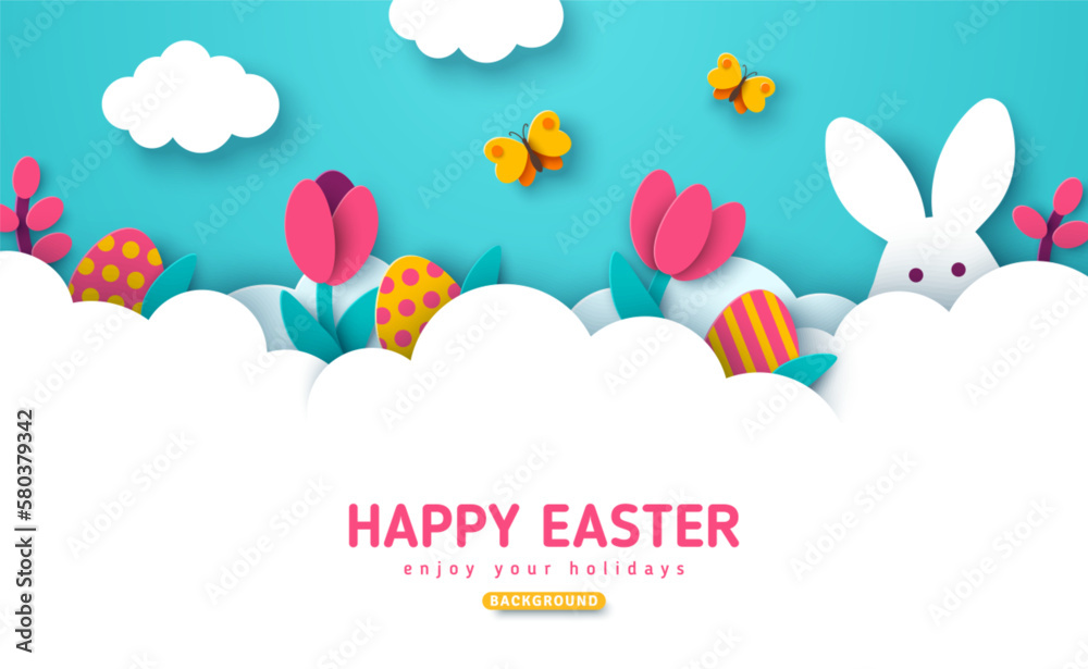 Easter card, bunny rabbit, eggs flowers and butterfly in white clouds, spring border frame. Modern concept background. Vector illustration. Place for text. Hare head with ears, paper cut header. - obrazy, fototapety, plakaty 