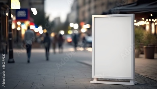 ﻿A Mockup of an advertising lightbox, with a white poster blankly taking up the frame, situated upon a blurry cityscape, AI generation. photo