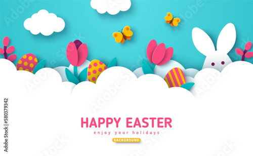 Easter card, bunny rabbit, eggs flowers and butterfly in white clouds, spring border frame. Modern concept background. Vector illustration. Place for text. Hare head with ears, paper cut header.