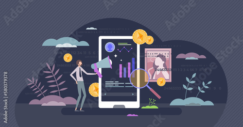 NFT marketing as non fungible token payment for art tiny person concept. Digital investment with blockchain financial assets vector illustration. Trade virtual painting with modern cryptocurrency.