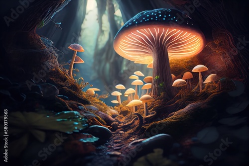 Magical Mushrooms Surrounded by Light in Enchanted Forest. Generative AI
