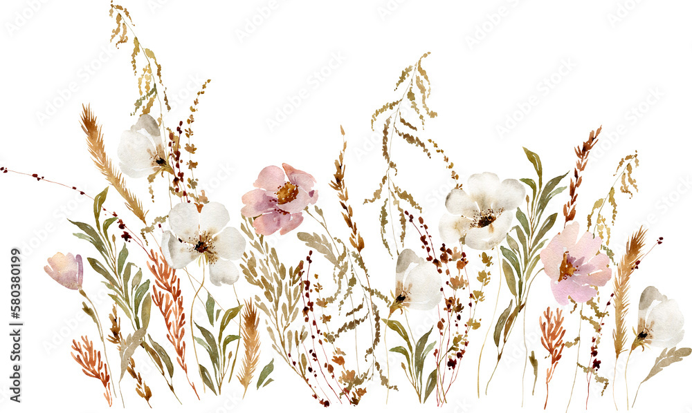 Watercolor beige wildflowers boho frame. Dried herbs, grass floral border, elegant arrangement. Botanical boho elements isolated on white. Wedding invitation, greeting, card, printing, design - obrazy, fototapety, plakaty 