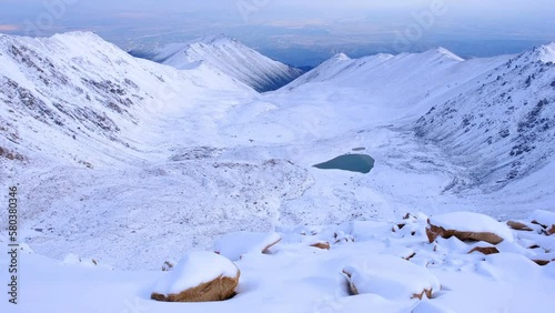 Delightful panorama of the snow-covered highlands with moraine lakes in winter season photo