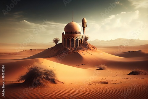 Mosque sun and sand mountain  Muslim Mosque in desert illustration  Mosque in the desert background  generative ai  AI