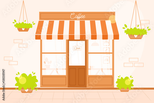 Cozy coffee shop exterior. Street cafe or coffeehouse outside. Vector illustration in flat cartoon style