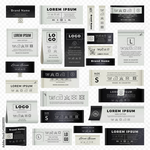 Laundry labels. Tailor instructions badges with technical information instruction for washing recent vector templates