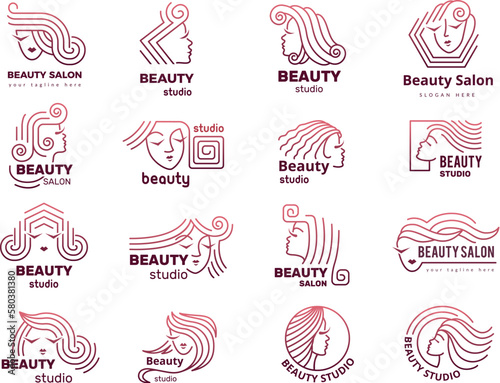 Beauty logo. Woman faces stylized symbols for beauty shop recent vector template set