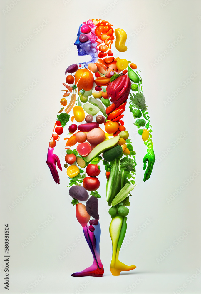 Human body made from wholesome vegetables, vegan concept, illustration.