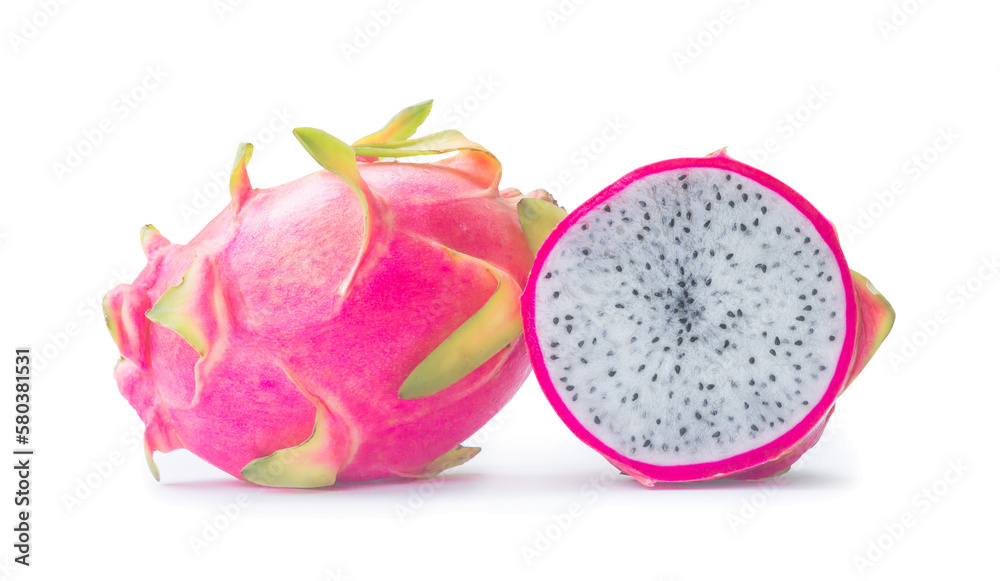 Beautiful fresh red dragon fruit with half or slice isolated on white background with clipping path and shadow in png file format