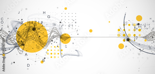 Vector abstract background with a wireframe dynamic pipes, line and particles inside circle.