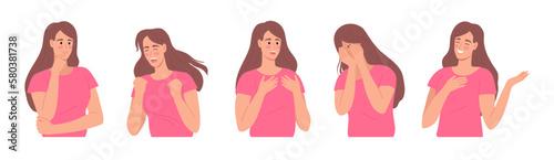 Young woman expressing different emotions, sad, happy, anger, suprise, interest