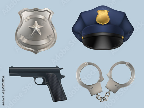 Police items. Realistic equipment from police station decent vector templates set