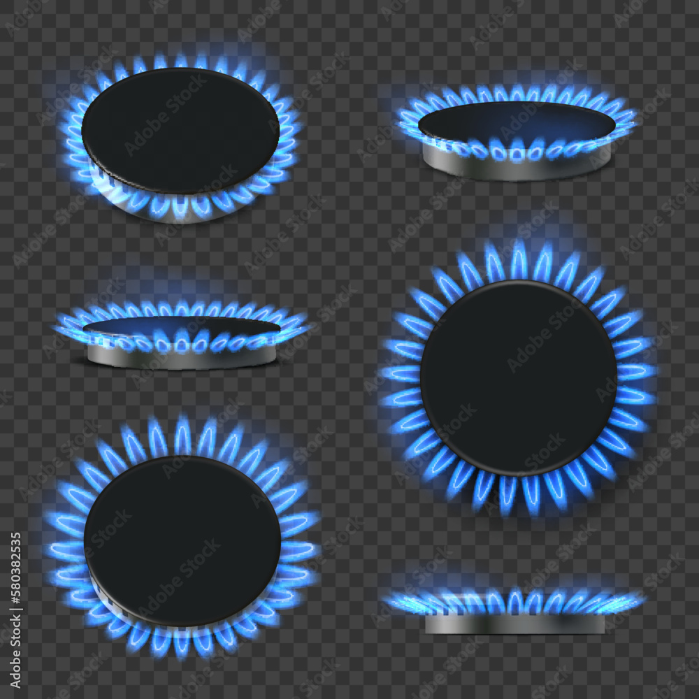Gas oven. Realistic blue flame decent vector kitchen stove for cooking food