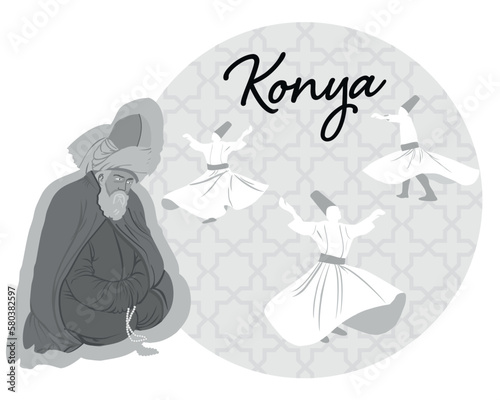 Whirling Dervish sufi religious dance. Isolated. Suitable for any print and on line media need - Turkey Konya Mevlana. Mevlana Celaleddin Rumi is a symbol of tolerance and peace.