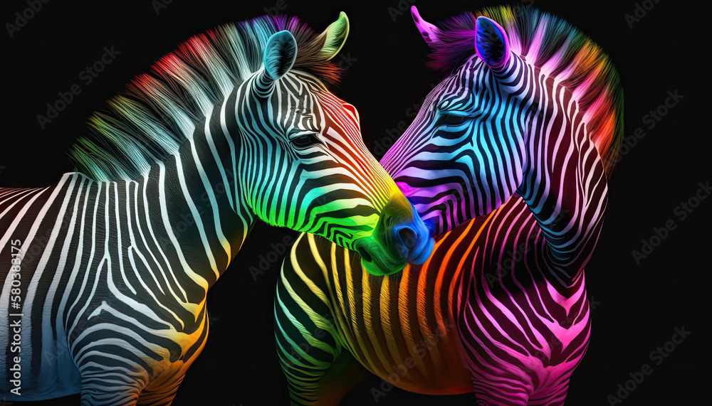 Zwei Zebras im Farbmix der Regenbogenflagge der LGBT-Bewegung (Lesbian, Gay, Bisexual and Transgender) beschnuppern sich (Generative AI)