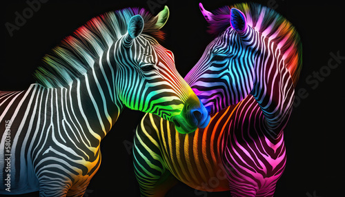 Zwei Zebras im Farbmix der Regenbogenflagge der LGBT-Bewegung  Lesbian  Gay  Bisexual and Transgender  beschnuppern sich  Generative AI 