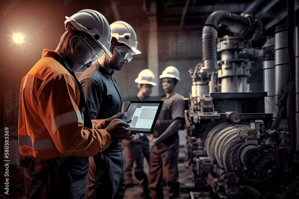 View of a worker at a high-tech factory. The worker controls automated processes using digital monitors. View of a worker at a high-tech factory. The worker controls automated processes using digital monitors.