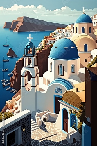 cartoon illustration, santorini greece, aegean sea, ai generative photo