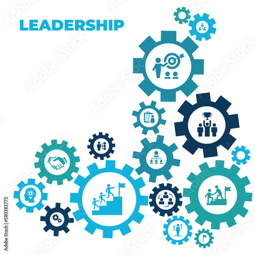 Leadership vector illustration. Banner with icons related to corporate company management