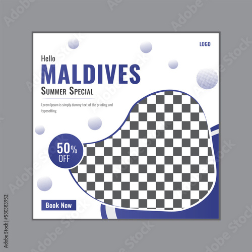 Travel social media post design Template with abstract shape for traveling business marketing. Maldives tour online promotion poster for travel agency. Holiday, Tourism, Web banner, advertising