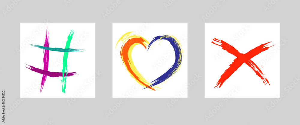 The cross, heart and lattice are hand-drawn with a brush. Prohibition, denial, error. Love. Hashtag. Vector The cross, heart and lattice are hand-drawn with a brush. Prohibition, denial, error. Love. Hashtag. Vector