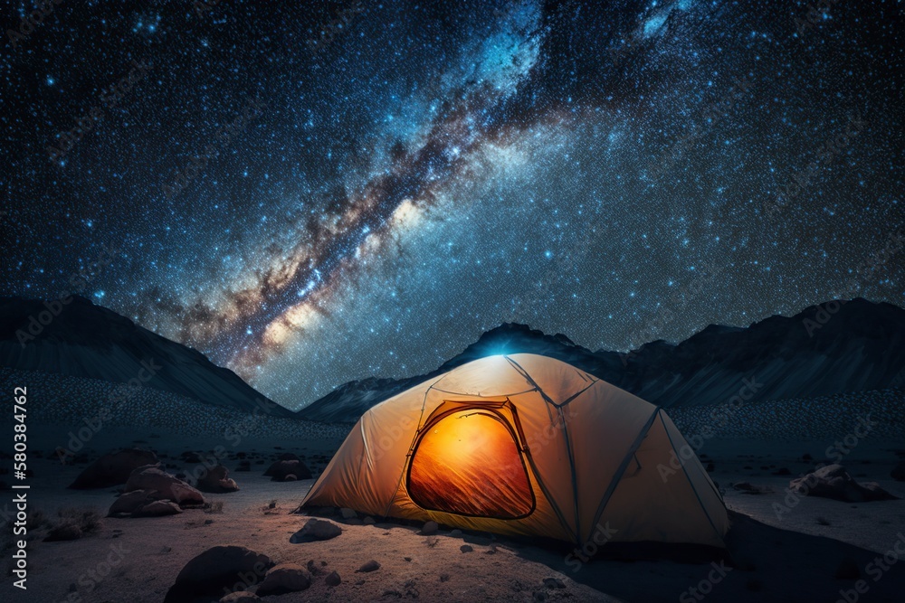 cartoon illustration, tent shining under the milky way at night in the ...