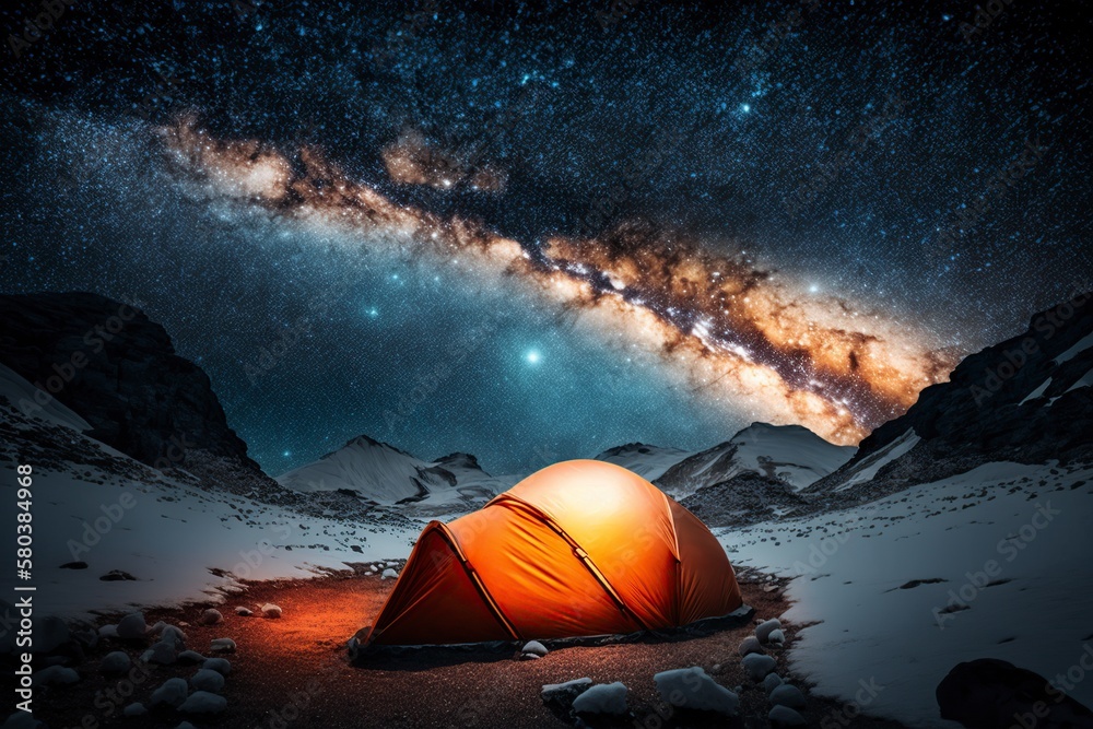 cartoon illustration, tent shining under the milky way at night in the ...