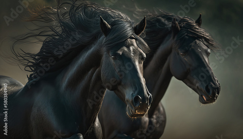 2 majestic dark horses running, clean sharp focus, national geographic, higly detailed fur, soft shadows, shutter speed 1-60, f-stop 1.8, blurry green background, professional color grading. © Enea