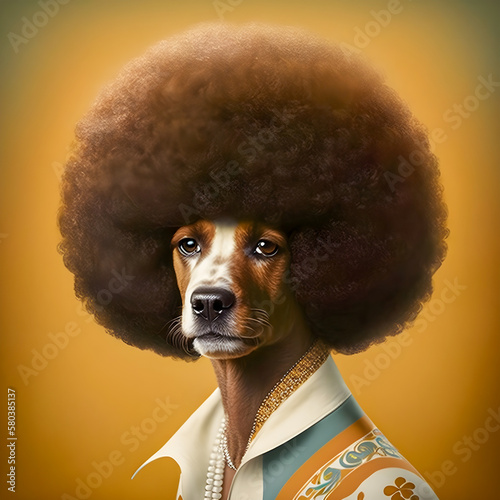70s style dog portrait with huge afro, Generative AI photo