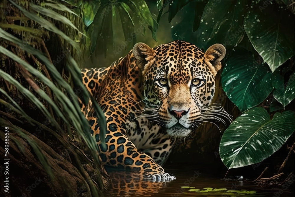 Obraz premium Jaguar in the jungle of the Amazon. Generative AI