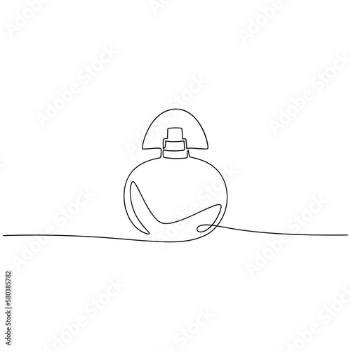 Hand drawn perfume bottle vector. One line continuous drawing. Abstract illustration. Linear fragrance silhouette icon. Minimal design element for print, banner, card, wall art poster, brochure, logo