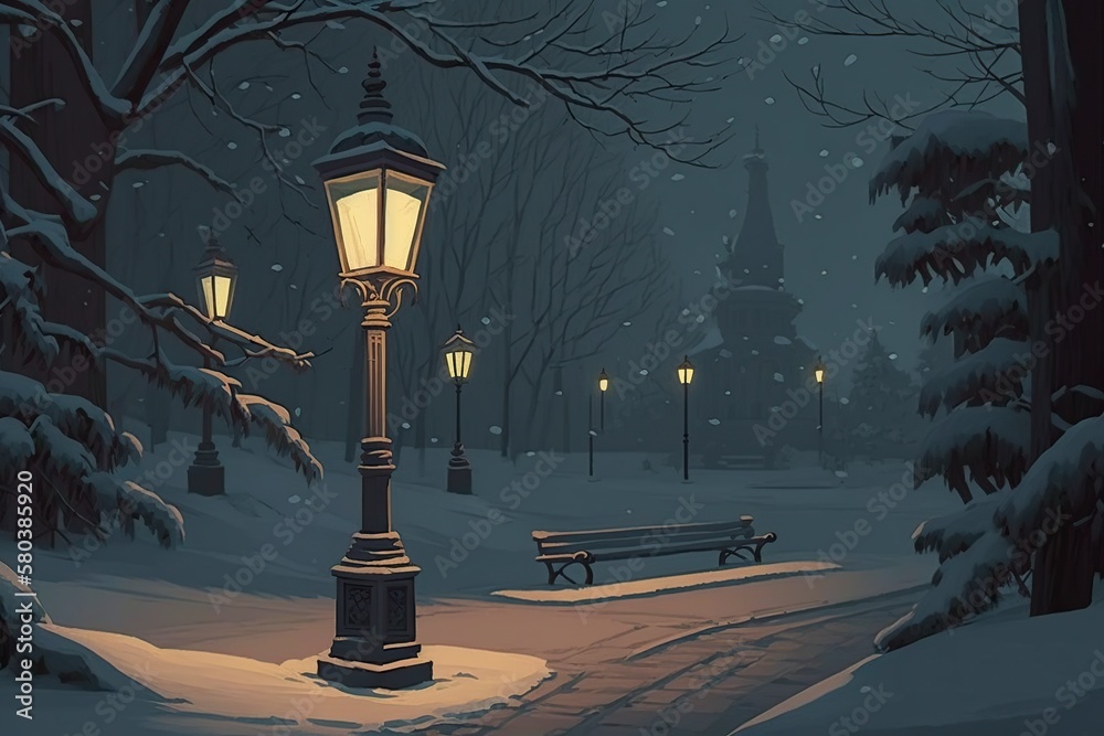cartoon illustration, the street lamp in the city lights up the snow ...