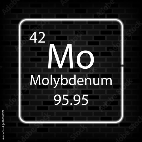 Molybdenum neon symbol. Chemical element of the periodic table. Vector illustration.