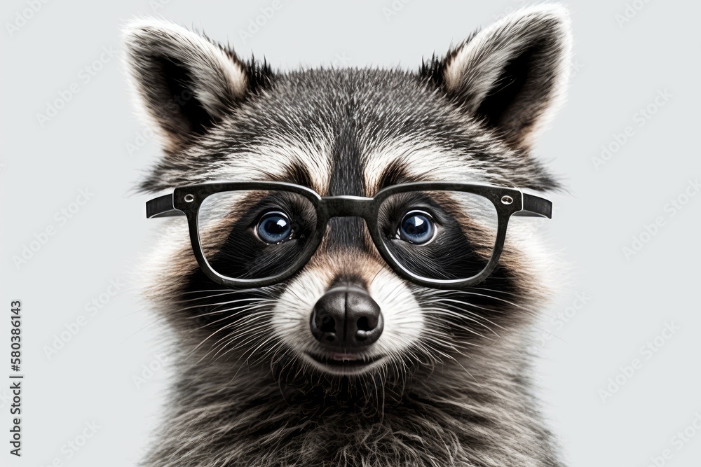 Portrait of a cute and funny raccoon wearing glasses, isolated on a white background. Generative AI
