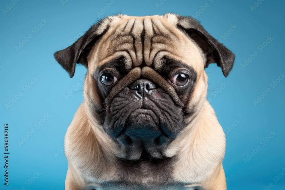 Cute pug breed making angry face and serious face on blue background,Pug Purebred Dog Concept. Generative AI