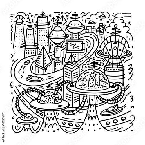 Futuristic city in doodle style. Fantasy city linear art, Vector illustration