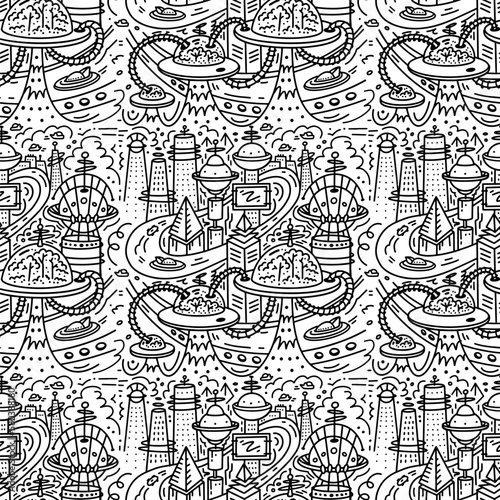Futuristic doodle city seamless pattern, Fantasy city background. Linear style Vector illustration