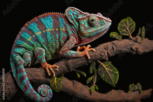 Furcifer pardalis adult male Ambilobe Panther Chameleon on a branch. On a black background in a picture. Generative AI